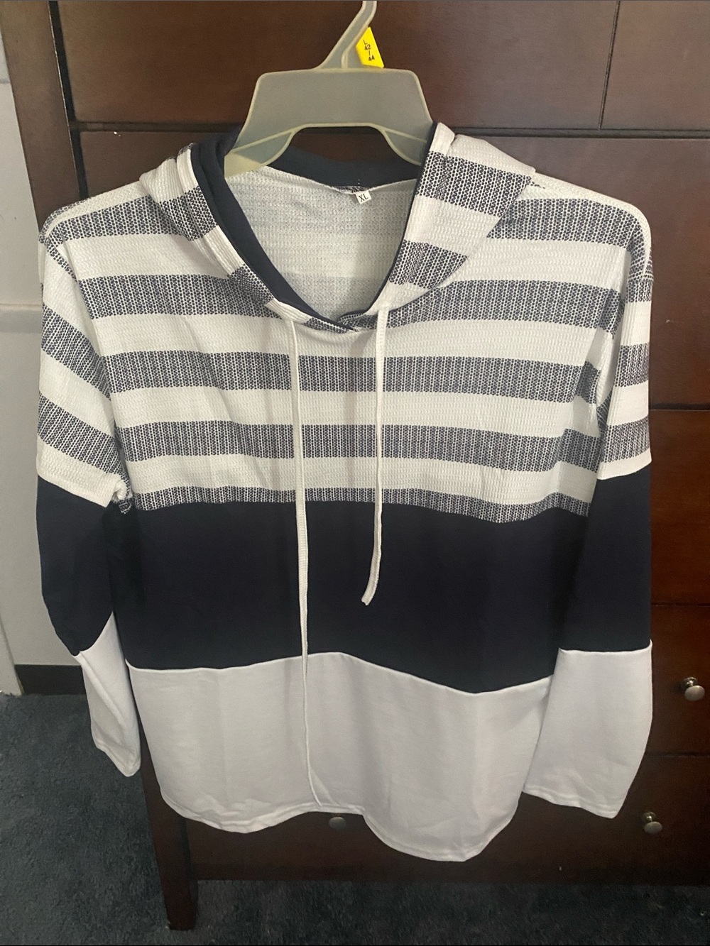 Striped Hooded Pullover Sweatshirt in Navy & White